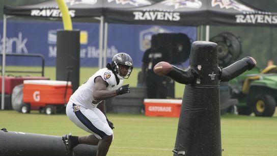 Aug 19, 2020; Owings Mills, Maryland, USA; Baltimore Ravens defensive end Jihad Ward (53) rushes the passer during individual position drills during morning session of training camp at Under Armour Performance Center. Mandatory Credit: Tommy Gilligan-USA TODAY Sports